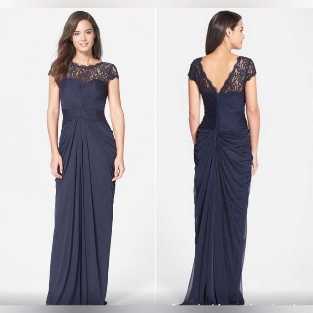 Adrianna Papell Lace Yoke Drape Gown in Navy - Size 2